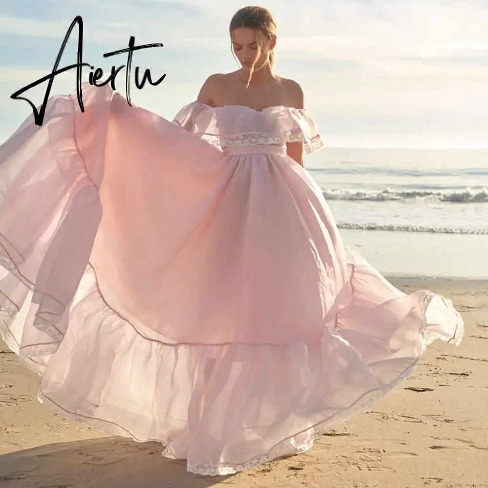 Aiertu Vintage Women Pink Princess Organza Dresses Lady Slash Neck Evening Party Ball Gown Long Dress Fairytale Beach Formal Dress XXL Aiertu