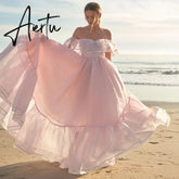 Aiertu Vintage Women Pink Princess Organza Dresses Lady Slash Neck Evening Party Ball Gown Long Dress Fairytale Beach Formal Dress XXL Aiertu