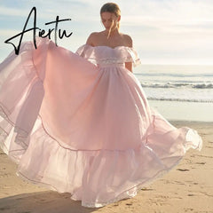 Aiertu Vintage Women Pink Princess Organza Dresses Lady Slash Neck Evening Party Ball Gown Long Dress Fairytale Beach Formal Dress XXL Aiertu