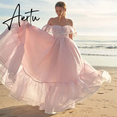 Aiertu Vintage Women Pink Princess Organza Dresses Lady Slash Neck Evening Party Ball Gown Long Dress Fairytale Beach Formal Dress XXL Aiertu