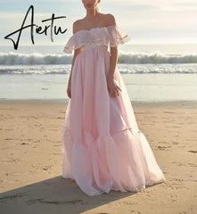 Aiertu Vintage Women Pink Princess Organza Dresses Lady Slash Neck Evening Party Ball Gown Long Dress Fairytale Beach Formal Dress XXL Aiertu