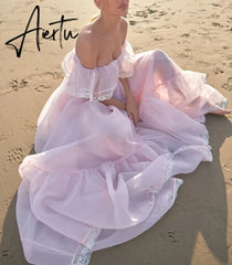 Aiertu Vintage Women Pink Princess Organza Dresses Lady Slash Neck Evening Party Ball Gown Long Dress Fairytale Beach Formal Dress XXL Aiertu