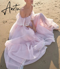 Aiertu Vintage Women Pink Princess Organza Dresses Lady Slash Neck Evening Party Ball Gown Long Dress Fairytale Beach Formal Dress XXL Aiertu