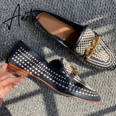 Aiertu Weaves Shoes Women Spring Autumn Genuine Leather Loafers Hollow Flats Metal Decoration Designer Shoes Slip-on Zapatillas Mujer Aiertu