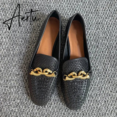Aiertu Weaves Shoes Women Spring Autumn Genuine Leather Loafers Hollow Flats Metal Decoration Designer Shoes Slip-on Zapatillas Mujer Aiertu