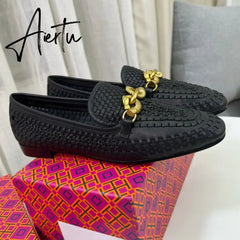Aiertu Weaves Shoes Women Spring Autumn Genuine Leather Loafers Hollow Flats Metal Decoration Designer Shoes Slip-on Zapatillas Mujer Aiertu