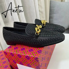 Aiertu Weaves Shoes Women Spring Autumn Genuine Leather Loafers Hollow Flats Metal Decoration Designer Shoes Slip-on Zapatillas Mujer Aiertu