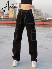 Aiertu Weekeep Pockets Patchwork Baggy Jeans Fashion Streetwear 100% Cotton Women Denim Trouser Loose Cargo Pants Korean Jeans Harajuku Aiertu