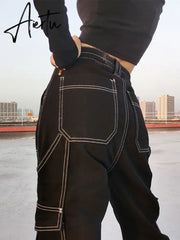 Aiertu Weekeep Pockets Patchwork Baggy Jeans Fashion Streetwear 100% Cotton Women Denim Trouser Loose Cargo Pants Korean Jeans Harajuku Aiertu