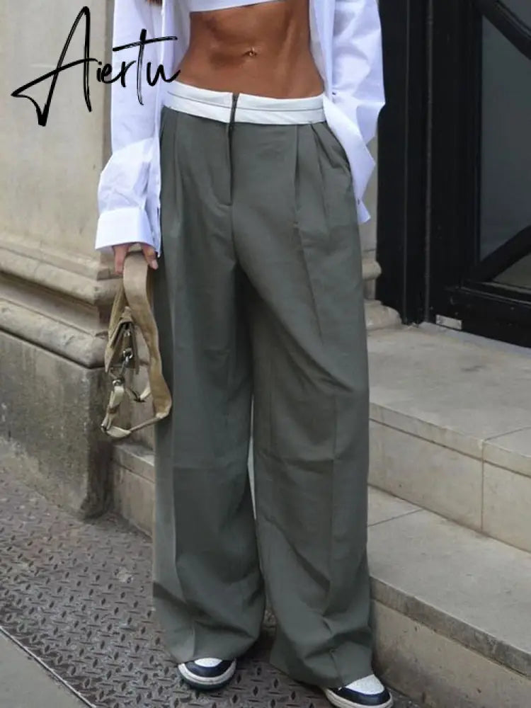 Aiertu Weekeep Streetwear Baggy Suit Pants Vintage Patchwork Low Rise Straight Casual Pants Korean Fashion Women Capris Jogging Trouser Aiertu