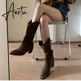 Aiertu Western Cowboy Boots Fashion Metal Pointed Toe Mid Calf Boots Square Heel Female Mid Boots Autumn Winter Women's Shoes Aiertu
