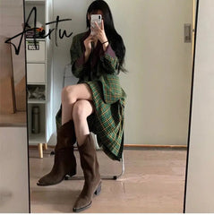 Aiertu Western Cowboy Boots Fashion Metal Pointed Toe Mid Calf Boots Square Heel Female Mid Boots Autumn Winter Women's Shoes Aiertu