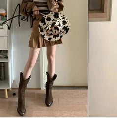 Aiertu Western Cowboy Boots Fashion Metal Pointed Toe Mid Calf Boots Square Heel Female Mid Boots Autumn Winter Women's Shoes Aiertu