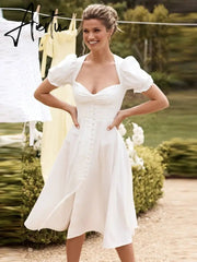 Aiertu White A- Line Button Sexy Dress for Women Casual Short Sleeve Summer Dress High Slit Midi Dress Clothes Aiertu