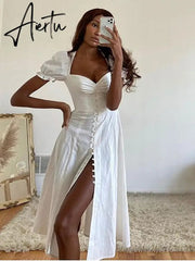 Aiertu White A- Line Button Sexy Dress for Women Casual Short Sleeve Summer Dress High Slit Midi Dress Clothes Aiertu