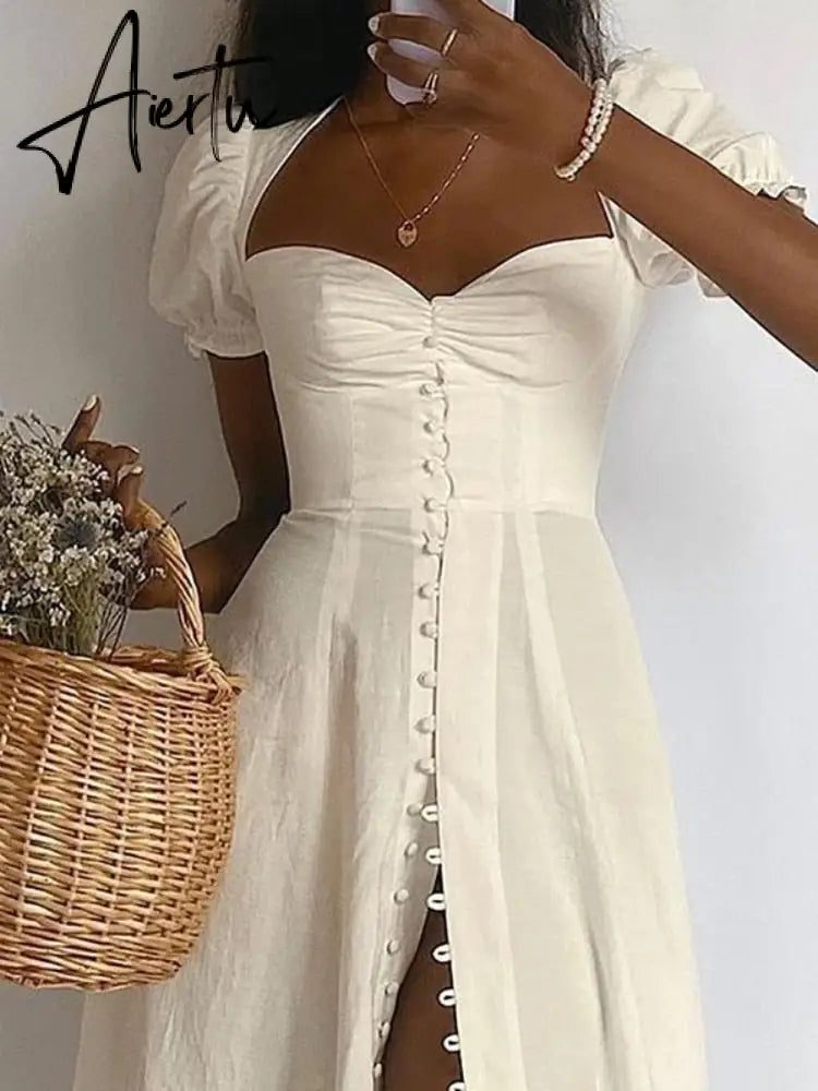 Aiertu White A- Line Button Sexy Dress for Women Casual Short Sleeve Summer Dress High Slit Midi Dress Clothes Aiertu
