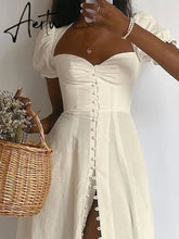 Aiertu White A- Line Button Sexy Dress for Women Casual Short Sleeve Summer Dress High Slit Midi Dress Clothes Aiertu