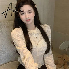 Aiertu White Elegant Blouse For Women Long Sleeve Shirts O-neck Folds Sweet Crop Tops Vintage Chic Blusass Aiertu