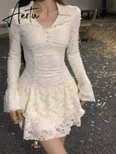 Aiertu White Elegant Lace Y2k Mini Dress Short Party Casual Long Sleeve Dress Outfits Slim One Piece Dress Korean Fashion Autumn Aiertu