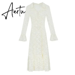 Aiertu White Elegant Lace Y2k Mini Dress Short Party Casual Long Sleeve Dress Outfits Slim One Piece Dress Korean Fashion Autumn Aiertu