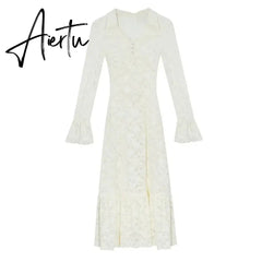 Aiertu White Elegant Lace Y2k Mini Dress Short Party Casual Long Sleeve Dress Outfits Slim One Piece Dress Korean Fashion Autumn Aiertu