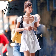 Aiertu white embroidery lace uo dress women summer ruffle vinatge beach dress famale puff sleeve hollow out tulle dress Aiertu