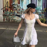 Aiertu white embroidery lace uo dress women summer ruffle vinatge beach dress famale puff sleeve hollow out tulle dress Aiertu