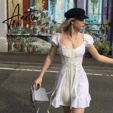 Aiertu white embroidery lace uo dress women summer ruffle vinatge beach dress famale puff sleeve hollow out tulle dress Aiertu