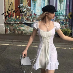 Aiertu white embroidery lace uo dress women summer ruffle vinatge beach dress famale puff sleeve hollow out tulle dress Aiertu
