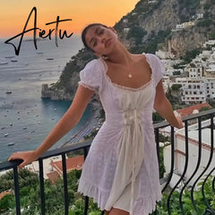 Aiertu white embroidery lace uo dress women summer ruffle vinatge beach dress famale puff sleeve hollow out tulle dress Aiertu