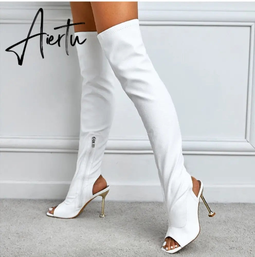 Aiertu White Leather Thigh High Over The Knee Boots Sexy Open Toe Stripper Heels Booties Fashion Zip Motorcycle Shoes Women Pumps Aiertu