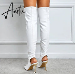 Aiertu White Leather Thigh High Over The Knee Boots Sexy Open Toe Stripper Heels Booties Fashion Zip Motorcycle Shoes Women Pumps Aiertu