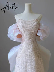 Aiertu White Luxury Senior Evening Dresses Bow Strapless Beading Off The Shoulder Shiny Sequin Cockital Host Party Evening Prom Gown Aiertu
