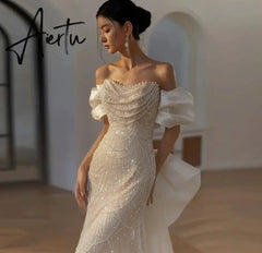 Aiertu White Luxury Senior Evening Dresses Bow Strapless Beading Off The Shoulder Shiny Sequin Cockital Host Party Evening Prom Gown Aiertu
