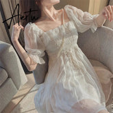 Aiertu White Puff Sleeve Korean Style Fairy Dresses Lace Chiffon French Japan Style Kawaii Elegant Vintage Dress Women clothing Aiertu