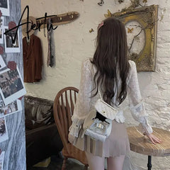 Aiertu White Ruffle Women Shirts V-neck Long Sleeve Lace Tunic Blouses Blusas Moda Sweet Korean Retro Elegant Blouse Tops Aiertu
