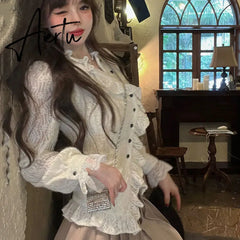 Aiertu White Ruffle Women Shirts V-neck Long Sleeve Lace Tunic Blouses Blusas Moda Sweet Korean Retro Elegant Blouse Tops Aiertu