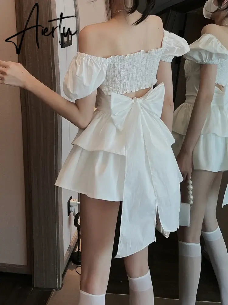 Aiertu White Sexy Backless Mini Dress Women Korean Fashion Casual Elegant Party Dress Female Ruffle Kawaii Lolita Party Y2k Dress Aiertu