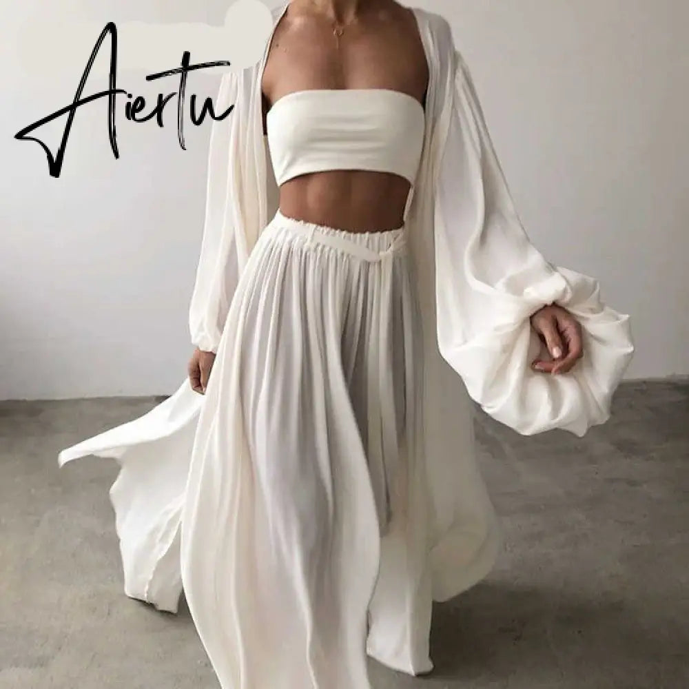 Aiertu White Sexy Three Piece Set For Women Slim Vest Lantern Sleeve Coat Wide Leg Pants Loose Sets Female Fashion New Aiertu