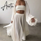 Aiertu White Sexy Three Piece Set For Women Slim Vest Lantern Sleeve Coat Wide Leg Pants Loose Sets Female Fashion New Aiertu