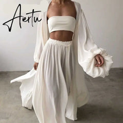 Aiertu White Sexy Three Piece Set For Women Slim Vest Lantern Sleeve Coat Wide Leg Pants Loose Sets Female Fashion New Aiertu