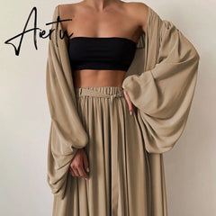 Aiertu White Sexy Three Piece Set For Women Slim Vest Lantern Sleeve Coat Wide Leg Pants Loose Sets Female Fashion New Aiertu