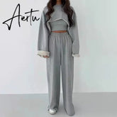 Aiertu White Three Piece Set For Women O Neck Long Sleeve Tops Sleeveless Vest Wide Leg Pants Female Casual Sets New Aiertu