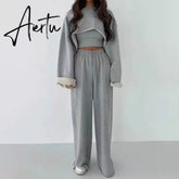 Aiertu White Three Piece Set For Women O Neck Long Sleeve Tops Sleeveless Vest Wide Leg Pants Female Casual Sets New Aiertu