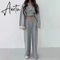 Aiertu White Three Piece Set For Women O Neck Long Sleeve Tops Sleeveless Vest Wide Leg Pants Female Casual Sets New Aiertu