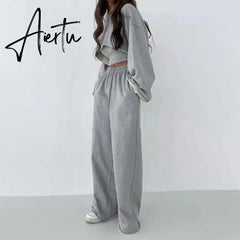 Aiertu White Three Piece Set For Women O Neck Long Sleeve Tops Sleeveless Vest Wide Leg Pants Female Casual Sets New Aiertu