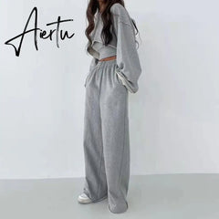 Aiertu White Three Piece Set For Women O Neck Long Sleeve Tops Sleeveless Vest Wide Leg Pants Female Casual Sets New Aiertu
