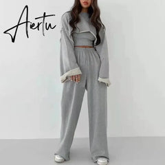 Aiertu White Three Piece Set For Women O Neck Long Sleeve Tops Sleeveless Vest Wide Leg Pants Female Casual Sets New Aiertu