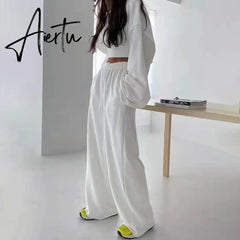Aiertu White Three Piece Set For Women O Neck Long Sleeve Tops Sleeveless Vest Wide Leg Pants Female Casual Sets New Aiertu