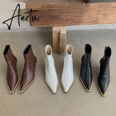 Aiertu Winter Designer Women Lace Up Ankle Boots Thin High Heel Pointed Toe Short Boot Shoes Ladies Dress Pumps Chelsea Aiertu